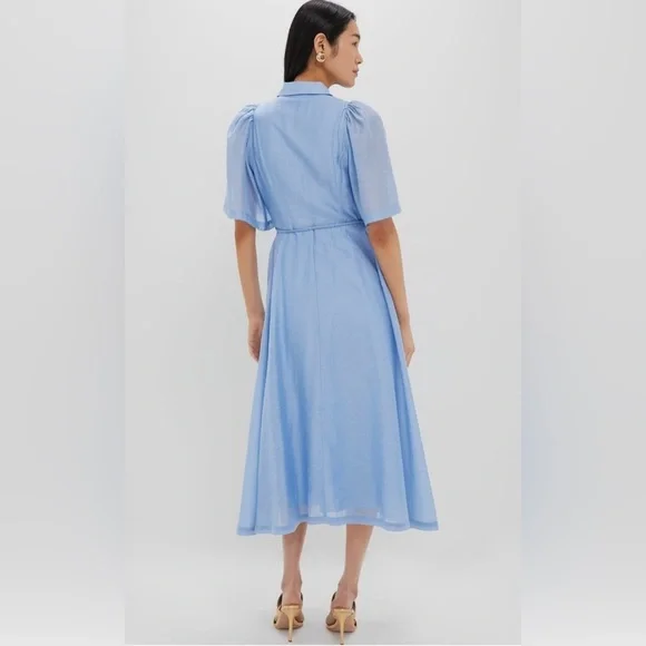 Pale Blue Midi Shirt Dress with Tie Waist - Picture 2 of 9